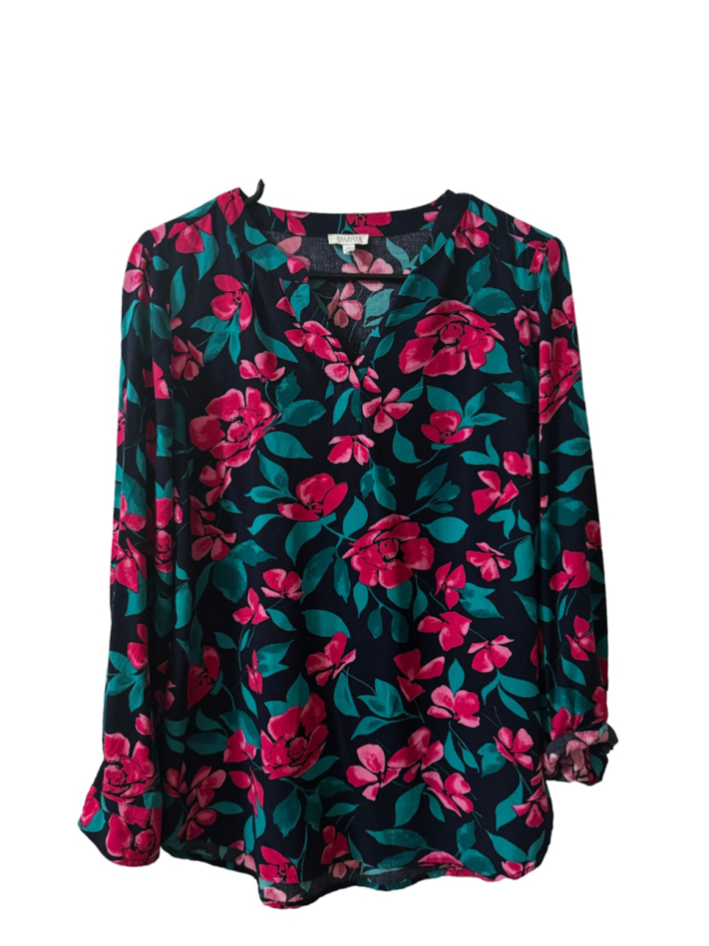 Talbots Petite SP Floral Blouse Black Pink Long Sleeve